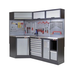 Complete werkplaatsinrichting, werkbank + hoekstuk met metaal omkleed werkblad, gereedschapskast, 223 x 200 cm