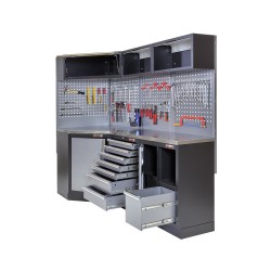 Complete werkplaatsinrichting, werkbank + hoekstuk met metaal omkleed werkblad, gereedschapskast, 223 x 200 cm