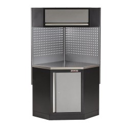 Complete werkplaatsinrichting, gevulde gereedschapskast, werkbank + hoekstuk met metaal omkleed werkblad, 223 x 200 cm