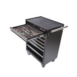 Gereedschapswagen zwart, 5 laden gevuld met gereedschap in foam inleg