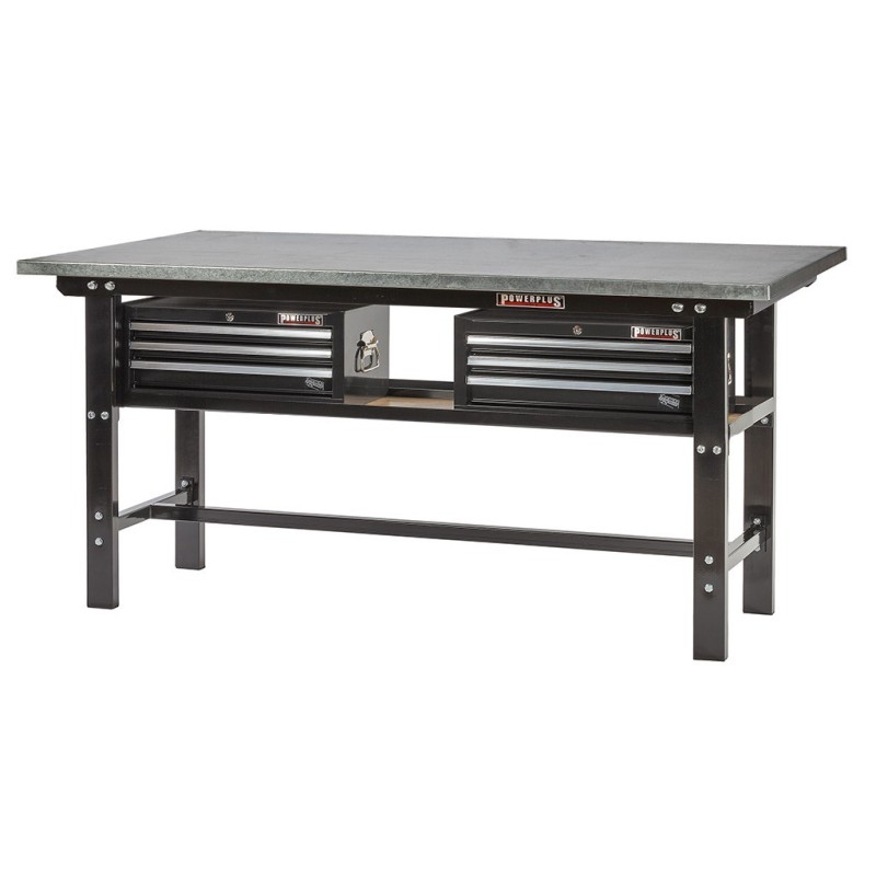 Werkbank zwart 200 cm met zinken werkblad en 2 gereedschapskisten