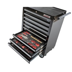 Gevulde gereedschapswagen zwart,  waarvan 9 laden gevuld met gereedschap in foam inleg