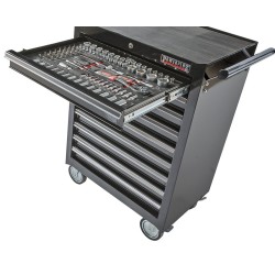 Gevulde gereedschapswagen zwart,  waarvan 9 laden gevuld met gereedschap in foam inleg