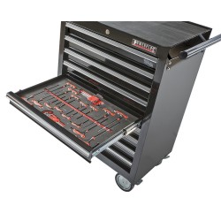 Gevulde gereedschapswagen zwart,  waarvan 9 laden gevuld met gereedschap in foam inleg