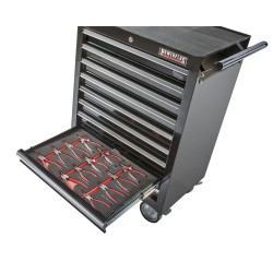 Gevulde gereedschapswagen zwart,  waarvan 9 laden gevuld met gereedschap in foam inleg