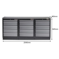 Werkbank set met metaal omkleed blad - 15 laden - 204 x 46 x 94,6 cm