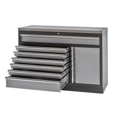 Werkplaatskast / werkbank met 7 laden + draaideurkast met metaal omkleed werkblad - 136 x 46 x 94,8 cm