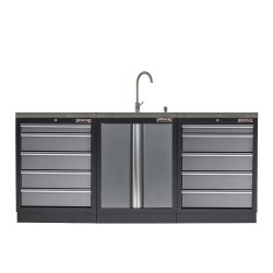 Werkbank set met MDF werkblad met RVS plaat omkleed - 10 laden - 204 x 46 x 94,6 cm. Werkbank met laden - ladenblok