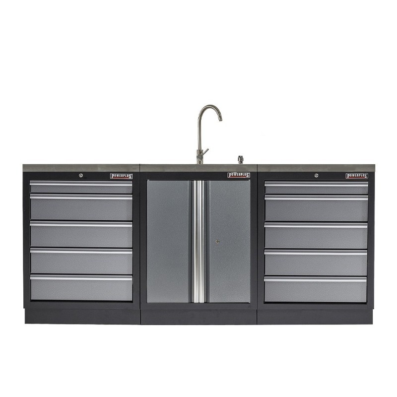 Werkbank set met MDF werkblad met RVS plaat omkleed - 10 laden - 204 x 46 x 94,6 cm. Werkbank met laden - ladenblok