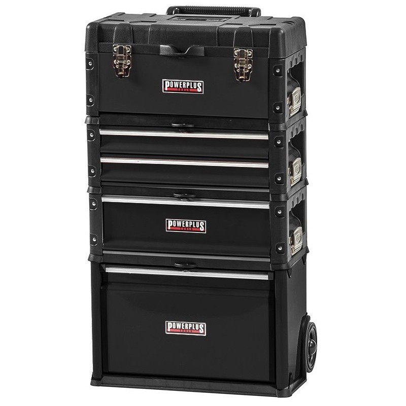 Verrijdbare gereedschapstrolley  - gereedschapskoffer van metaal en kunststof - zwart 4 delig met stapelbare gereedschapskisten