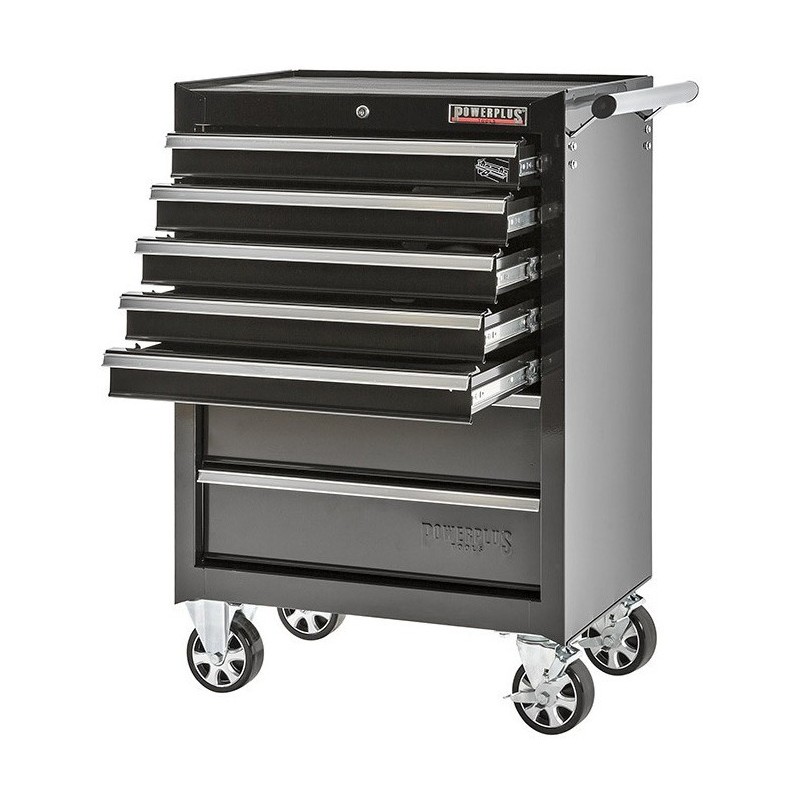 Gereedschapswagen zwart, 5 laden gevuld met gereedschap in foam inleg