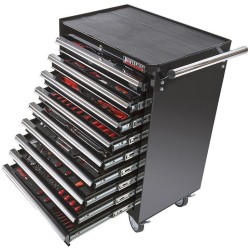 Gereedschapswagen zwart,  9 laden gevuld met gereedschap in foam inleg