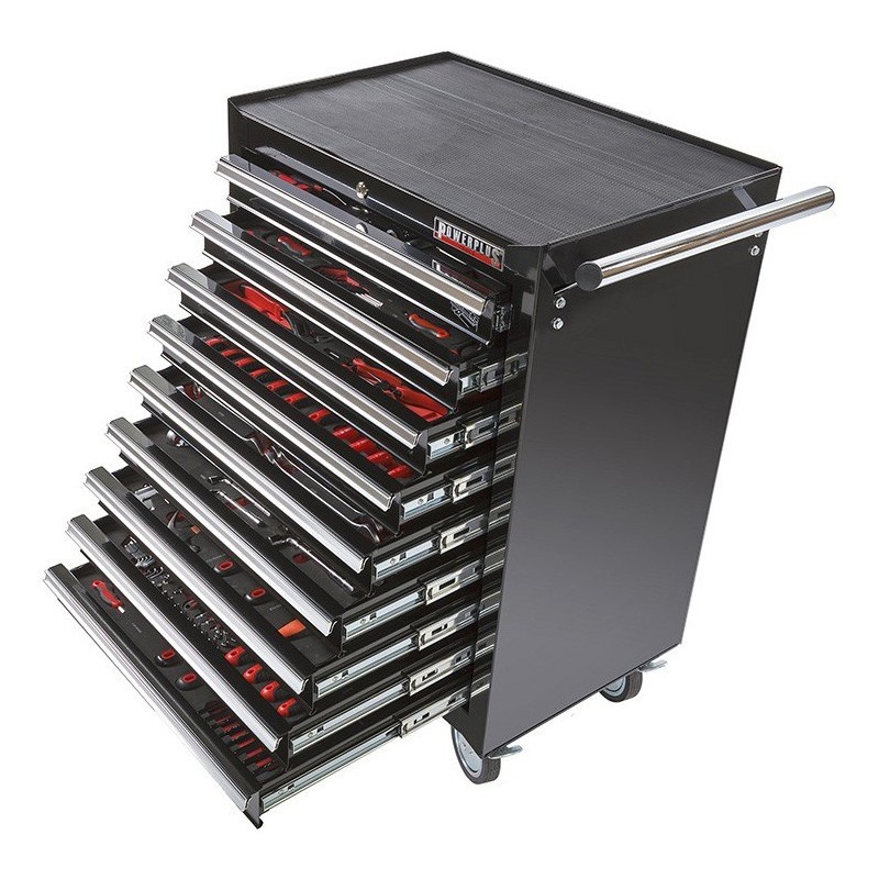 Gereedschapswagen zwart,  9 laden gevuld met gereedschap in foam inleg