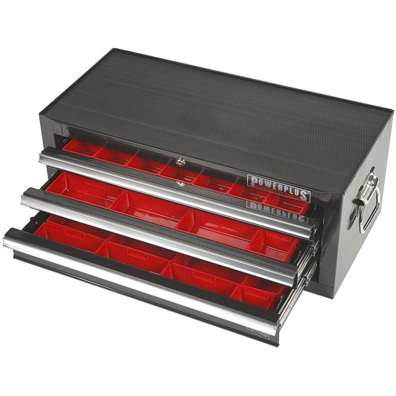 Gereedschapskist zwart 3 laden gevuld met kunststof bakken 