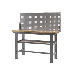 Werkbank grijs 150 cm met hardhouten blad + gereedschapskist zwart en gereedschapsbord