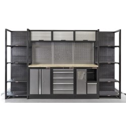Complete Werkplaatsinrichting, werkbank houten blad, gereedschapskast, Magazijnstelling, 3 x hangkast, 5 laden, 342 x 200 cm