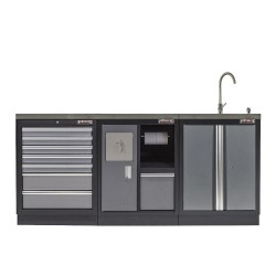 Werkbank set met MDF werkblad met RVS plaat omkleed - 10 laden - 204 x 46 x 94,6 cm. Werkbank met laden - ladenblok