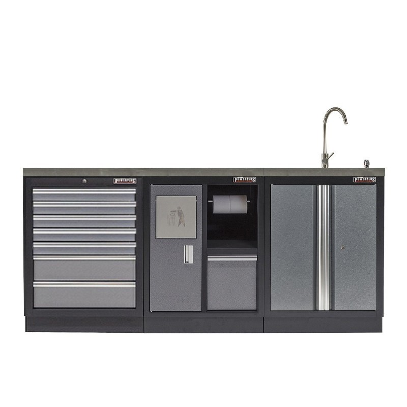 Werkbank set met MDF werkblad met RVS plaat omkleed - 10 laden - 204 x 46 x 94,6 cm. Werkbank met laden - ladenblok