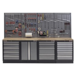 Werkbank set met hardhouten werkblad, gereedschapskast, gereedschapsbord - 19 laden - 272 x 46 x 94,5 / 199,5 cm