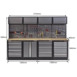 Werkbank set met hardhouten werkblad, gereedschapskast, gereedschapsbord, bovenkasten - 19 laden - 272 x 46 x 94,5 / 199,5 cm