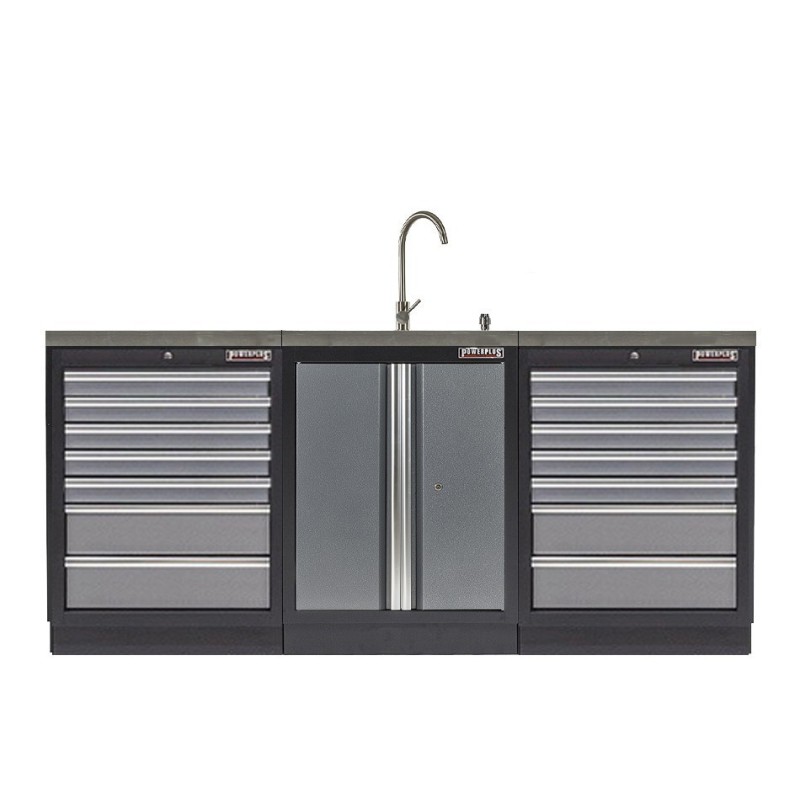Werkbank set met MDF werkblad met RVS plaat omkleed - 18 laden - 204 x 46 x 94,6 cm. Werkbank met laden - ladenblok