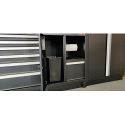 Complete werkplaatsinrichting mat zwart, werkbank + hardhouten blad, gereedschapskast, 6 laden, 379,5 x 200 cm