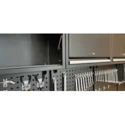 Complete werkplaatsinrichting mat zwart, werkbank + hardhouten blad, gereedschapskast, 6 laden, 379,5 x 200 cm