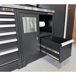 Complete werkplaatsinrichting mat zwart, werkbank + hardhouten blad, gereedschapskast, 6 laden, 288 x 200 cm