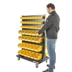 Verrijdbare trolley met 48 magazijnbakken – verrijdbaar magazijnrek - tweezijdig opbergrek