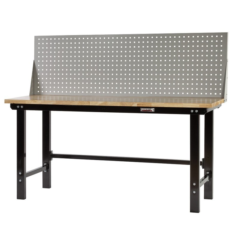 Werkbank zwart 200 cm met hardhouten blad en gereedschapsbord