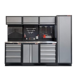 Werkbankset - met RVS plaat omkleed werkblad, gereedschapsbord matzwart, werkplaatsinrichting, 9 laden - 264 x 46 x 94,6 cm