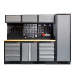 Werkbankset met hardhouten werkblad, gereedschapsbord matzwart, werkplaatsinrichting, 9 laden - 264 x 46 x 94,6 cm