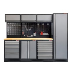 Werkbank set met hoge kast, gereedschapswand matzwart, 3 x hangkast en 11 laden - 264 x 46 x 200 cm werkplaatsinrichting