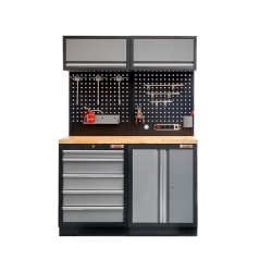 Werkbank set met hardhouten blad, gereedschapskast, gereedschapsbord matzwart - 5 laden - 136 x 46 x 94,5 / 199,5 cm