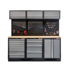 Werkbank set, gereedschapswand matzwart, 3 x hangkast en 11 laden - 204 x 46 x 200 cm werkplaatsinrichting