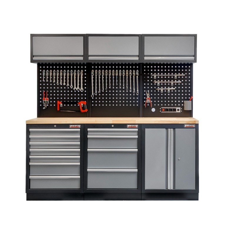 Werkbank set, gereedschapswand matzwart, 3 x hangkast en 11 laden - 204 x 46 x 200 cm werkplaatsinrichting