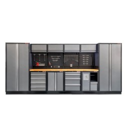 Complete Werkplaatsinrichting, werkbank houten blad, gereedschapskast, gereedschapsbord matzwart, 10 laden, 455 x 200 cm.