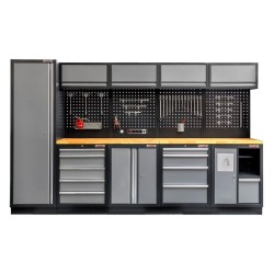 Werkbank set met hardhouten blad, gereedschapskast, gereedschapsbord matzwart, 4 hangkasten - 10 laden - 332 x 200 cm