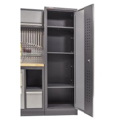 Werkbank set met hardhouten blad, gereedschapskast, gereedschapsbord matzwart, 4 hangkasten - 10 laden - 332 x 200 cm