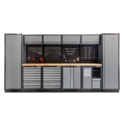 Complete Werkplaatsinrichting, werkbank houten blad, gereedschapskast, gereedschapsbord matzwart,15 laden, 392 x 200 cm.