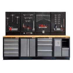 Werkbank set met hardhouten werkblad, gereedschapskast, gereedschapsbord matzwart, - 10 laden - 272 x 46 x 94,5 / 199,5  cm