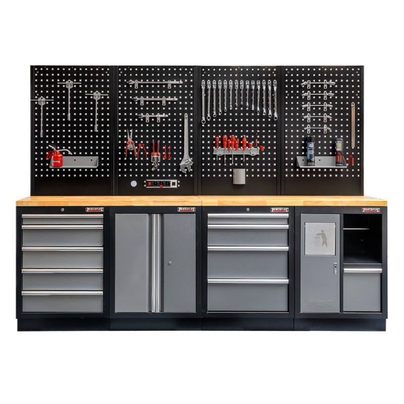 Werkbank set met hardhouten werkblad, gereedschapskast, gereedschapsbord matzwart, - 10 laden - 272 x 46 x 94,5 / 199,5  cm