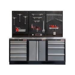 Werkbank set met MDF werkblad met RVS plaat omkleed, gereedschapsbord matzwart - 9 laden - 204 x 46 x 94,6 cm