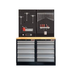 Werkbank set met hardhouten werkblad, gereedschapsbord matzwart en 10 laden - 136 x 46 x 94,5 / 199,5 cm.