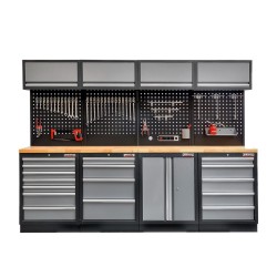Werkbank set met hardhouten werkblad, gereedschapskast, gereedschapsbord matzwart - 17 laden - 272 x 46 x 94,5 / 199,5 cm
