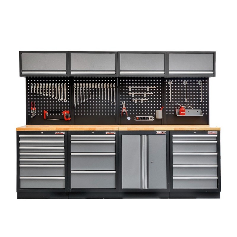 Werkbank set met hardhouten werkblad, gereedschapskast, gereedschapsbord matzwart - 17 laden - 272 x 46 x 94,5 / 199,5 cm