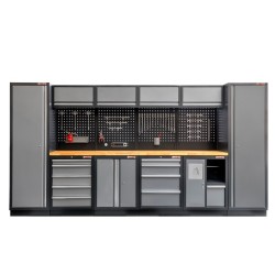 Complete Werkplaatsinrichting, houten blad, gereedschapskast, gereedschapsbord matzwart, 4 x hangkast,10 laden, 392 x 200 cm.