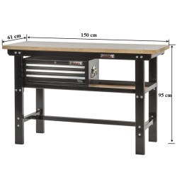 Werkbank zwart 150 cm met hardhouten blad en gereedschapskist