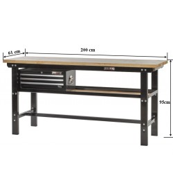 Werkbank zwart 200 cm met hardhouten blad en gereedschapskist