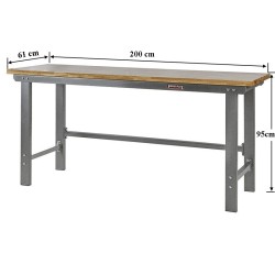 Werkbank grijs 200 cm met hardhouten blad - open model